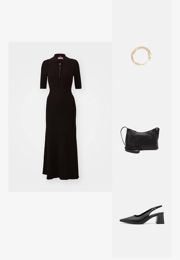 STAUD ROLAND DRESS - Džemperkleita - dark brown; Melnas ādas sadalītās augstpapēžu kurpes ar smailo purngalu un masīvu bloka papēdi. Iekļauta regulējama siksna ar metālisku sprādzi.; Melna ādas plecu soma ar gludu tekstūru, izliekta forma, regulējama siksna un rāvējslēdzēja aizdare. Minimālistisks dizains bez rotājumiem.; Zelta toņa gredzens ar organisku, vērptu dizainu, gludu virsmu un sašaurinātiem galiem, radot mūsdienīgu, skulpturālu izskatu.