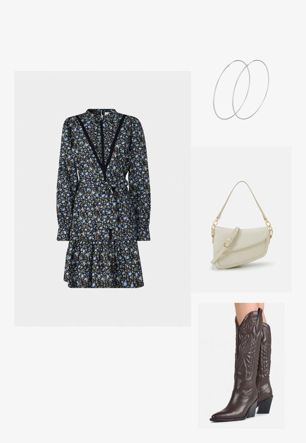 Cvjetna haljina s dugim rukavima, mornarskoplave pozadine, plavim i zelenim cvjetovima, čipkastim ukrasom uz izrez, i remenom na struku.; Smeđe kožne kauboj čizme s šiljastim vrhom i blok-potpeticom, s detaljno izvezenim šavovima i uzdignutim naglascima na okovu.; Mala krem torbica s teksturiranim finišom, dugačkim podesivim remenom, lančanim detaljem i preklopom. Zlaćani hardver.; Srebrne okrugle naušnice s minimalističkim dizajnom. Kružni oblik, glatka tekstura i tanak profil. Lagane s poliranim završetkom.