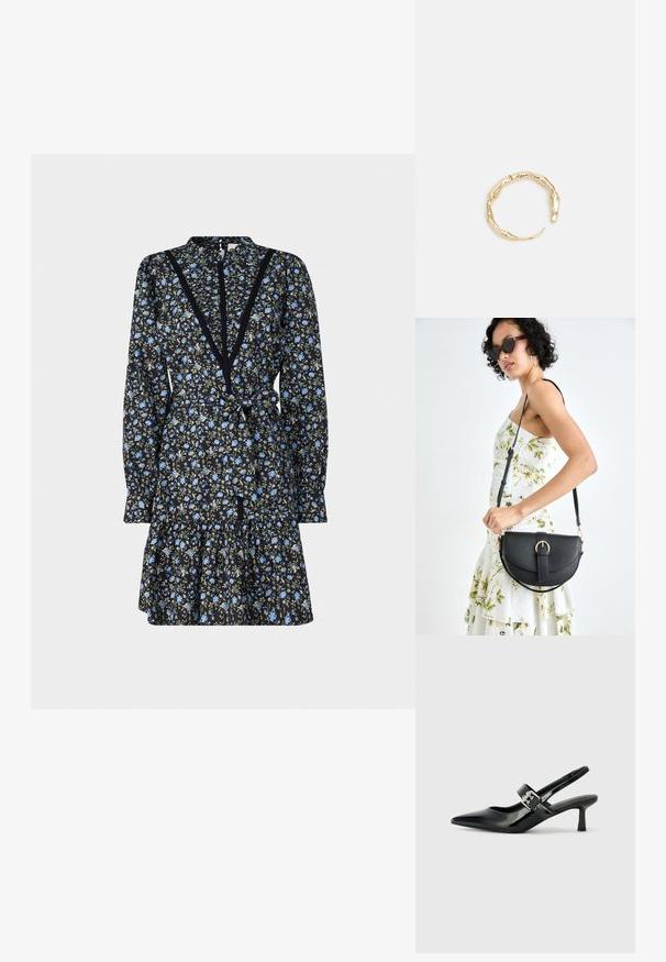 Cvečna obleka z dolgimi rokavi, mornarsko modra podlaga, modri in zeleni cvetovi, čipkast obroč ob izrezu in zavezovanje pasu.; Črne patent usnjene slingback pete s koničastim nosom in majhnim blok peto, ki vključujejo srebrno zaponko na traku.; Črna usnjena torbica s ukrivljeno obliko, z odstranljivo naramnico in zlatimi dodatki. Torbica ima pokrov s podrobnostmi v obliki zaponke.; Zlati prstan s organskim, zvitim dizajnom, gladko površino in taperiranimi konci, ki ustvarja modernega, skulpturalnega videza.