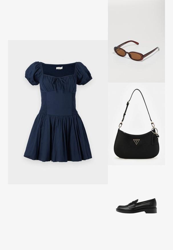 Námornícky modré šaty s puff rukávmi, štvorcovým výstrihom a smockovaným telom. Rozšírená sukňa s zhromaždenou látkou vyrobená z ľahkej bavlny.; Čierne kožené loafery s okrúhlou špičkou, ktoré majú výrazný prešitý detail na priehlavku a nízky blokový podpätok pre stabilitu.; Okrúhle slnečné okuliare s hnedým nádychom a lesklým burgundským rámom. Úzke ramená s jemným brandovaním. Plochej šošovky dizajn.; Čierna syntetická plecnička s oblým siluetom, textúrovaným povrchom, zlatým trojuholníkovým logom a odnímateľnými kovovými detailmi.