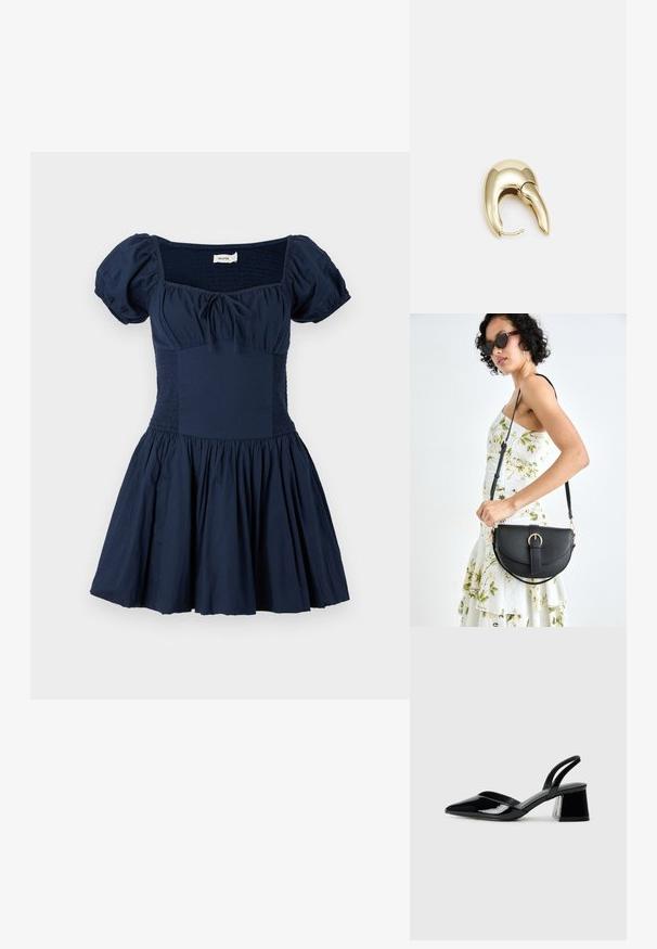 Mørkeblå kjole med pufferm, firkantet hals og smocked liv. Utsvingt skjørt med samlet stoff, laget av lett bomullsmateriale.; Svarte patentlær slingback hæler med spiss tå og geometrisk blokk hæl. Har et stilrent, minimalistisk design og jevn tekstur.; Svart lærveske med en buet form, avtagbar stropp og gullbeslag. Vesken har et klaff med spenne-detall.; Gullfarget metalløredobber med et elegant, buet design. Har en karakteristisk spiss form, polert overflate og hengsel-lukking.