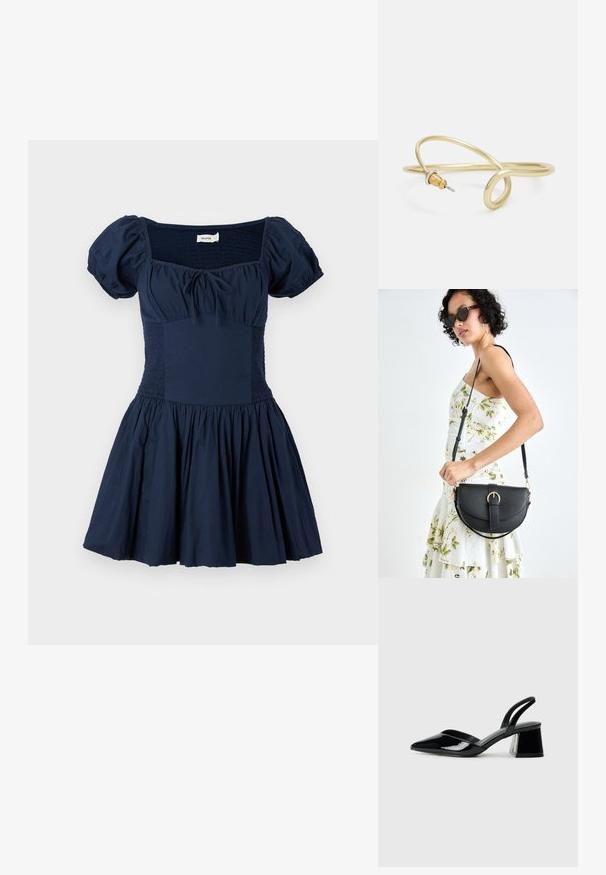 Tumši zila kleita ar pūkainām piedurknēm, kvadrātveida kakla izgriezumu un smockotu krūšu daļu. Kupla svārku daļa ar saplacinātu audumu, izgatavota no viegla kokvilnas materia.; Melna lakota āda ar atvērto papēdi, ar smailu purngalu un ģeometrisku blokpapēdi. Iezīmējas elegants, minimāls dizains un gluda tekstūra.; Melnas ādas rokassoma ar izliekta formu, noņemamu siksnu un zelta aksesuāriem. Somai ir vāciņš ar sprādzes detaļu.; Zelta krāsas metāla aproce ar šķidrām, viļņveidīgām formām. Vienā galā ir neliels, izteikts sudraba krāsas akcents.