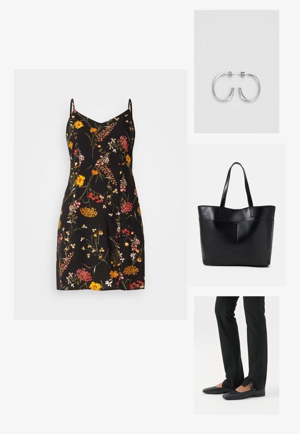 Blommig klänning med svart bas, prydd med färgglada blommor i nyanser av gult, rosa och rött. Designad med tunna axelremmar och en plisserad kjol.; Svarta läderballetskor med spetsig tå, rem med silverspänne, kombinerade med svarta skräddarsydda byxor med slitsar i fållen.; Svart läder tote-väska med två långa handtag, en slät yta och en strukturerad form. Har en framficka för extra förvaring.; Silverfärgade hängande örhängen med en slät, blänkande yta. Rundad form, lätt design, med ett stift- och bakstängning.
