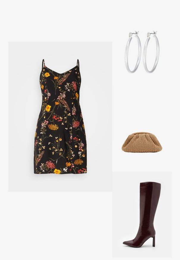 Cvečni uzorak na črni osnovi, z barvitimi cvetovi v odtenkih rumene, roza in rdeče. Oblikovana z tankimi naramnicami in nabranim krilom.; Even&Odd Škornji - dark red;  Pletena bež torbica s nabranim dizajnom i zaobljenim oblikom, koja se odlikuje teksturiranom tkaninom i mekim gornjim otvorom.; Srebrni obroči za ušesa z gladko, polirano površino. Okrogla oblika in varna zaponka s klikom. Lahka zasnova, primerna za vsakodnevno nošenje.