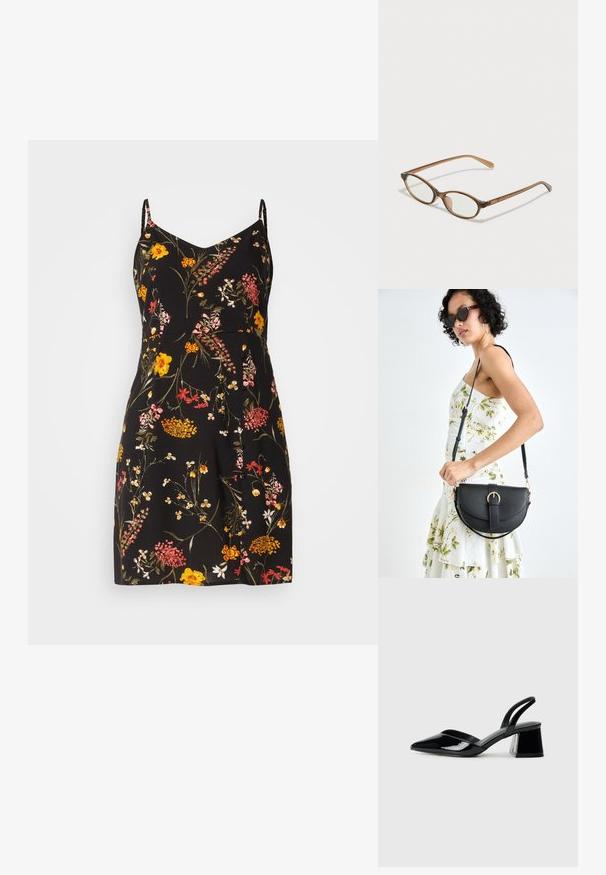 Fekete alapon virágmintás ruha, színes virágokkal sárga, rózsaszín és piros árnyalatokban. Vékony vállpántokkal és rakott szoknyával készült.; Fekete lakk bőr szandálkés magas sarkú cipő, hegyes orral és geometrikus tömbsarkakkal. Karcsú, minimalista dizájn és sima textúra jellemzi.; Barna teknős páncélmintás szemüveg, ovális lencsékkel, vékony szárakkal és átlátszó részletekkel. A templomon diszkrét logó található. Elegáns, könnyű dizájn.; Fekete bőrtáska ívelt formával, levehető pánttal és arany színű fémrészekkel. A táskán egy csattal díszített fedél található.