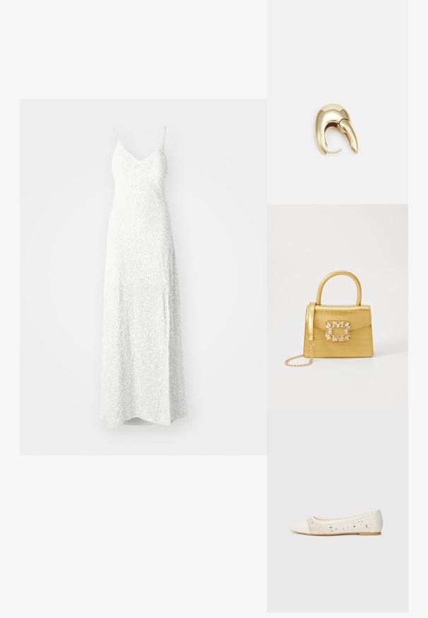 YAS YASMIRA STRAP TRAIN DRESS CELEB - Proginė apranga - gardenia; Kreminės odos balerinos bateliai su skaidriu viršumi, dekoruoti išsibarsčiusiais kristalais. Minkštas padas užtikrina komfortą, minimalistinis dizainas.; Geltonas dirbtinės krokodilo odos rankinukas su standžiu dizainu, viršutine rankena, nuimamu grandininiu dirželiu ir dekoratyviniu krištolo papuošimu ant užsegimo.; Aukso tono metalinės auskarai su stilingu, kreiviu dizainu. Išsiskiria ryškiu smailiu pavidalu, poliruota paviršiumi ir užsegimu su vyriu.