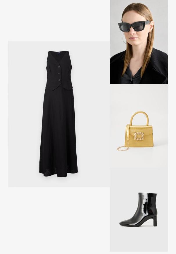 Vestido maxi preto sem mangas, com um top estilo colete abotoado e uma saia rodada, exibido sobre um fundo branco.; Botim de tornozelo em pele sintética preta com bico apontado e salto bloco de altura média. Textura suave e design minimalista.; Óculos de sol pretos em formato de gato com lentes escuras, armações grossas e acentos subtis. Usados com um casaco preto e uma blusa cinza, apresentando cabelo longo e liso.; Bolsa amarela em pele de crocodilo falsa, com um design estruturado, pega no topo, alça de corrente removível e decoração de cristal no fecho.