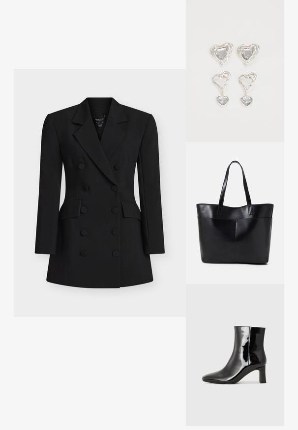 Black double-breasted blazer featuring a tailored design, notched lapels, two front pockets, and round fabric buttons for accents.; Black patent leather ankle boot with a pointed toe and a mid-height block heel. Smooth texture and minimalist design.; Black leather tote bag with two long handles, a smooth texture, and a structured shape. Features a front pocket for additional storage.; Silver heart-shaped earrings feature faceted clear stones, with a textured frame. The set includes stud and drop styles.