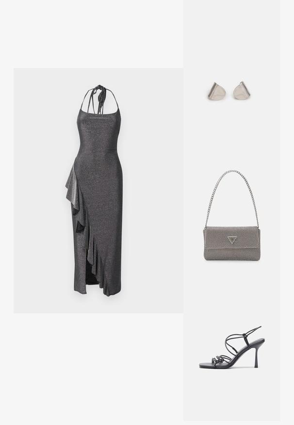 Juoda, metalinė, vidutinio ilgio suknelė su plonomis petnešomis, raukšlėmis šone ir įpjova, suteikiančia papildomą judėjimo laisvę.; Juodos aukštakulnės sandalai pasižymi plonyčiais dirželiais su mazgo dizainu, lygiu kvadratiniu pirštu ir elegantišku stiletto kulnu.; Šviesiai pilka metalinė rankinė su grandinėlės dirželiu, papuošta mažais apvaliais metaliniais smeigėmis ir trikampiu prekės ženklu.; Sidabriniai metaliniai auskarai su lygiu, ašaros formos dizainu ir blizgiu paviršiumi. Subtilūs raižiniai prideda detalumo. Minimalistinis dizainas.