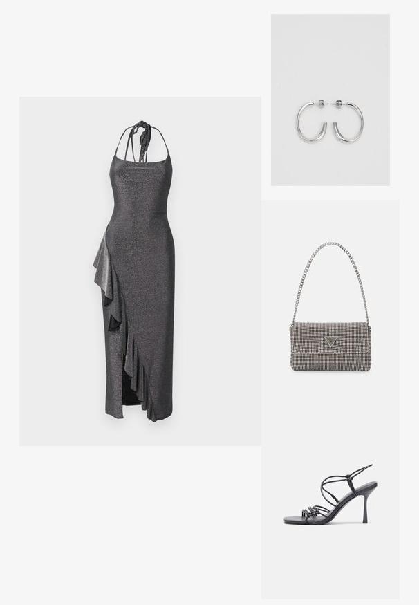 Juoda, metalinė, vidutinio ilgio suknelė su plonomis petnešomis, raukšlėmis šone ir įpjova, suteikiančia papildomą judėjimo laisvę.; Juodos aukštakulnės sandalai pasižymi plonyčiais dirželiais su mazgo dizainu, lygiu kvadratiniu pirštu ir elegantišku stiletto kulnu.; Šviesiai pilka metalinė rankinė su grandinėlės dirželiu, papuošta mažais apvaliais metaliniais smeigėmis ir trikampiu prekės ženklu.; Sidabrinės auskarai žiedai su lygiu, blizgiu paviršiumi. Suapvalinta forma, lengvas dizainas, su uždarymu ant smeigtuko.