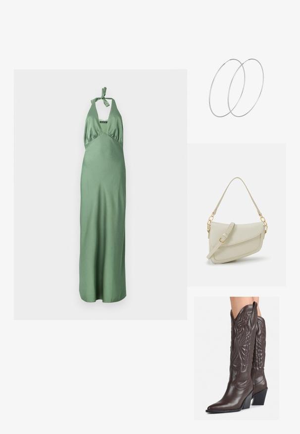Pitkä vihreä satiinimekko, jossa on haalariolkaimet ja solmittava yksityiskohta, ja siinä on istuva yläosa ja valuva hame. Sujuva rakenne ja vähäeleinen muotoilu.; Ruske nahkasaappaat, joissa on terävä kärki ja laatikkokorko, varustettu yksityiskohtaisella ompelulla ja kohotetuilla yksityiskohdilla varsiosassa.; Pieni kerma beige käsilaukku, jossa on teksturoitu pinta, pitkä säädettävä olkahihna, ketjua korostava yksityiskohta ja läppälukko. Kultaista metalliosaa.; Hopehope hopeilla, joissa on minimalistinen muotoilu. Pyöreä muoto, sileä pinta ja ohut profiili. Kevyet ja kiillotetut.