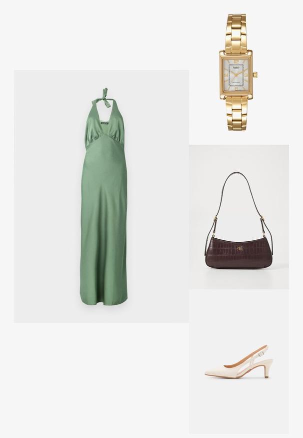 Robe en satin vert longue avec un col halter et un détail à nouer, présentant un corsage ajusté et une jupe fluide. Texture lisse et design minimal.; Talons aiguilles blanches à bride arrière avec un bout pointu, un dessus lisse, un petit talon carré et un design avec découpes latérales et sangle réglable.; Sac à main bordeaux avec une texture crocodile, de forme courbée, et un accent en or pour le logo. Il dispose d'une seule bandoulière avec des accessoires en or.; Montre-bracelet rectangulaire dorée avec un cadran blanc, des index horaires argentés et un bracelet en métal durable. Fonction étanche incluse.