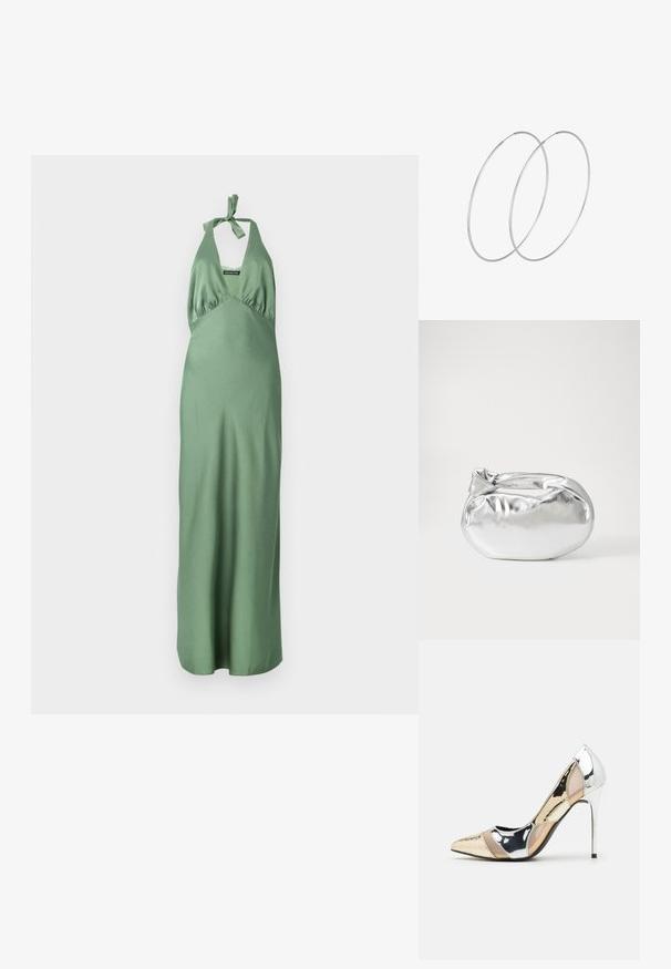 Pikk roheline satiinist kleit, millel on kaelakee ja sidumisdetail, kerekere ning voolav seelik. Sile tekstuur ja minimalistlik disain.; Kitsas toe kõrge kontsaga kingad, millel on hõbedane, kuldne ja nude värvilahendus. Läikiv viimistlus lõikekujundusega, stiletto konts.; Hõbedane metallikoti kott pehme, ümar kuju ja sõlme ülemise sulgemisega. Valmistatud siledast kunstnahast materjalist.; Hõbedased rõngastikkaehingad minimalistlikus disainis. Ümar kuju, sile tekstuur ja õhuke profiil. Kerged ning poleeritud viimistlusega.