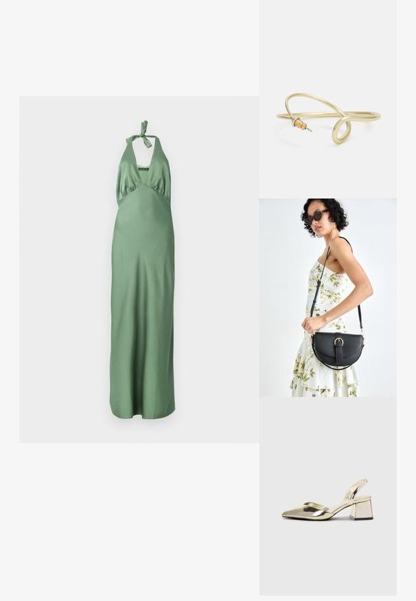 Vestido longo verde de cetim com decote halter e detalhe de laçada, apresentando um corpete ajustado e uma saia fluida. Textura suave e design minimalista.; Sapatos de salto alto metálicos dourados, com biqueira em ponta e salto grosso. Textura suave, design minimalista e uma tira estreita.; Bolsa de couro preta com forma curva, alça destacável e detalhes em dourado. A bolsa possui uma aba com detalhe de fivela.; Bracelete de metal dourado com um design fluido e curvilíneo. Apresenta um pequeno acento prateado proeminente numa das extremidades.