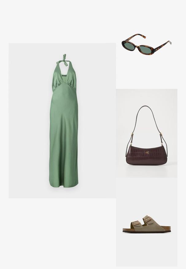 Pikk roheline satiinist kleit, millel on kaelakee ja sidumisdetail, kerekere ning voolav seelik. Sile tekstuur ja minimalistlik disain.; Heledad taupe suedsandaal, millel on kaks reguleeritavat rihma ja roosast kullast detailid. Korkpadi tekstureeritud pruunil tallal. Avatud varvaga disain.; Kilpkonna kilbi disainiga tumedad prillid ovaalsete raamidega ja roheliste objektiividega. Omab õhukesi käsi, millel on metallist aktsent hingedest lähedal.; Burgundia käekott krokodillimustriga, kõver kuju ja kuldne logo aksessuaar. Omab ühte rihma koos kulla värvi detailidega.