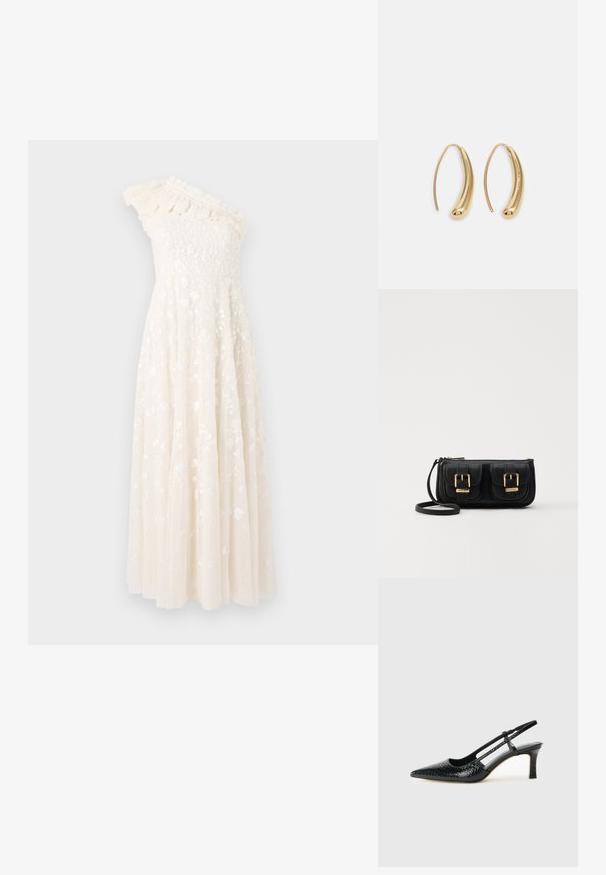 One-shoulder ivory dress with ruffle detail, embroidered floral pattern, fitted bodice, and flowing floor-length skirt.; Black patent slingback heel with a pointed toe, featuring textured snake print, adjustable strap, and a short, textured block heel.; Black leather crossbody bag with two front pockets, gold buckles, zipper closure, and a slim strap. Textured surface and compact rectangular shape.; Gold-tone metal hoop earrings with a curved, elongated shape. Features a smooth, shiny surface and a rounded tip for added detail.