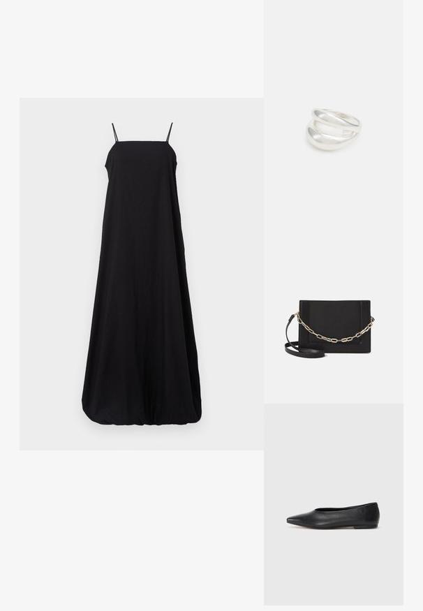 Čierne bezrukávové maxi šaty s tenkými ramienkami, voľným a splývavým strihom, z jemného materiálu a so zhrnutým lemom, ktorý vytvára zaoblený spodný siluetu.; Čierne kožené baletky, špicatý špička, minimalistický dizajn, hladká textúra, nízky podpätok, bez viditeľných prvkov alebo ozdôb.; Čierna kožená crossbody taška s hladkou textúrou, obdĺžnikovým tvarom a kovovým reťazovým detailom na prednej strane. Súčasťou je nastaviteľný popruh.; Strieborný prsteň s dvojitým pásikom s hladkým, lesklým povrchom. Má plynulý, zakrivený dizajn s prekryvajúcimi sa časťami pre moderný vzhľad.