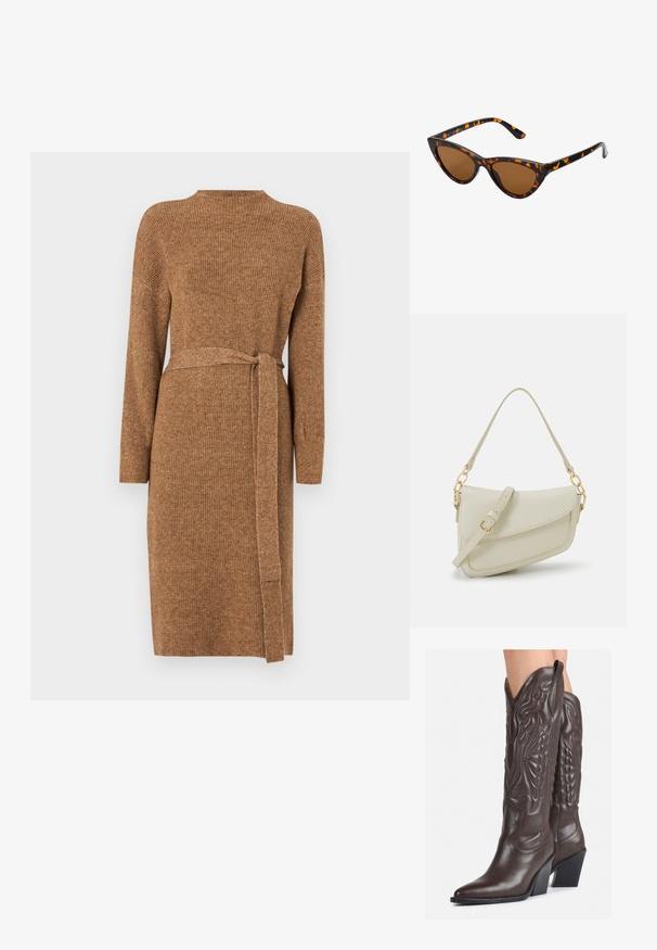Vestido de malha canelada castanho com mangas longas, gola alta e um cinto de tecido combinando na cintura. Design até metade da panturrilha.; Botas de cowboy em couro castanho com bico pontudo e salto quadrado, apresentando costuras detalhadas e realces elevados no cano.; Óculos de sol estilo gato com uma armação em tartaruga preta e laranja, lentes castanhas e pontas elegantes e pontiagudas. Apresenta um logo minimalista na haste.; Pequena bolsa de creme com um acabamento texturizado, uma alça longa ajustável, um detalhe em corrente e um fecho de aba. Detalhes em hardware dourado.