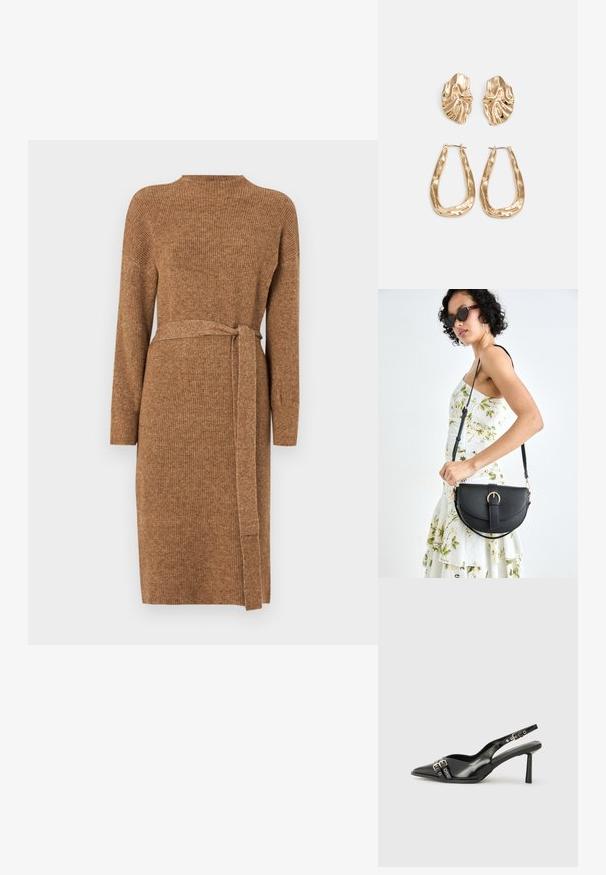 Hnědress lichý pletený šaty s dlouhými rukávy, vysokým výstřihem a odpovídajícím páskem z tkaniny v pase. Délka do poloviny lýtek.; Černá lakovaná slingback obuv s špičatou špičkou, kotníkovými pásky s kovovými sponami a příslušenstvím, a štíhlým podpatkem.; Černá kožená kabelka s křivkovým tvarem, odnímatelným popruhem a zlatými detaily. Kabelka má klopu s přezkou.; Náušnice ve zlatém tónu s texturovanými, vlnitými tvary. Obsahují sochařské klipy a design otevřeného kruhu s kladivkovým povrchem.