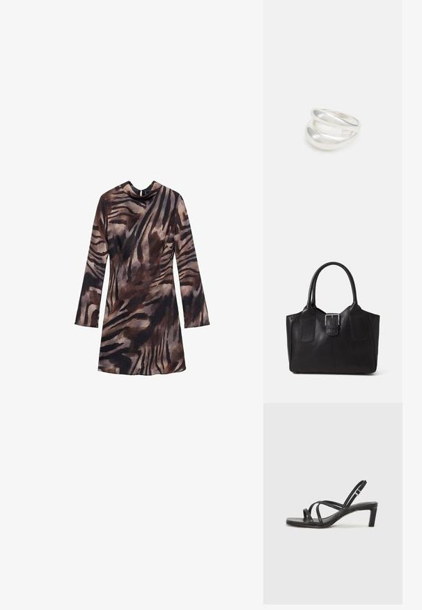 Rjava obleka s pikkedastim vzorcem tigerjeve črte, dolge rokave, s kapuco in prilegnjenim silhuetom. Mehka tekstura in tekoč material.; Črne natikače s trakovi in kvadratnim prstom ter nizkim blokastim peto. Imajo več tankih trakov in nastavljiv trak okoli gležnja. Narejene so iz gladkega usnja.; Črna usnjena torba s gladko teksturo, strukturirano obliko, dvema ročkama in izrazitim srebrnim sponko na sprednji strani.; Srebrn dvojni prstan z gladko, polirano površino. Ima tekoč, ukrivljen dizajn z prekrivajočimi se sekcijami za sodoben videz.