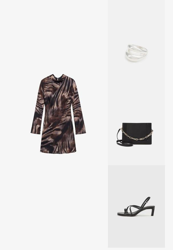 Haljina dugih rukava u smeškastim i crnim prugama tigra, sa dizajnom s kapuljačom i uskim siluetom. Mekana tekstura i tečni materijal.; Crne sandale s trakama, kvadratnim prstom i niskom blok petom. Ima više tankih trakica i podesivu trakicu oko gležnja. Izrađene su od glatke kože.; Crna kožna torba preko tijela s glatkom teksturom, pravokutnim oblikom i metalnim lancem na prednjoj strani. Uključena je podesiva naramenica.; Srebrna dvostruka prsten s glatkom, poliranom površinom. Karakterizira ga fluidan, zakrivljen dizajn s preklapajućim sekcijama za moderan izgled.