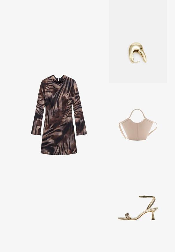 Långärmad klänning i brunt och svart tigerrandigt mönster, med en cowl-halsdesign och en figurnära silhuett. Mjuk textur och flödande material.; Gyllene metallisk högklackad sandal med ankelrem, två smala framband och en klack av blocktyp. Har dekorativa utsmyckningar.; Beige läderhandväska med en unik form, med två korta handtag och ett långt justerbart axelband. Slät textur med minimal hårdvara.; Örhänge i guldtonad metall med en elegant, böjd design. Har en distinkt spetsig form, polerad yta och gångjärnslås.