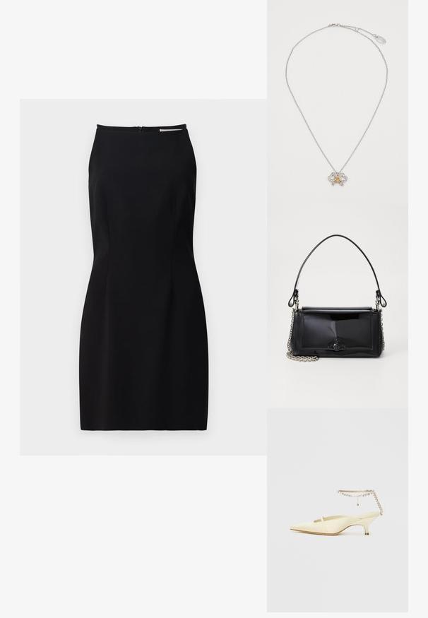 Mustmustav kleit, millel on vormiv rõivastus, sile kangas, seljaosas lukuga sulgumine ja peened õmblusdetailid.; Kitsaaste kollane satiinist slingback king, millel on madal konts ja dekoratiivne kett pahkluu rihm, millel on rhinestone'id. Sile tekstuur, minimaalne disain.; Mustmust mustkott mustmust mustkott, millel on ristkülikukujuline kuju, kettstrap ja silmapaistev viimistlusaktsent keskel. Sile tekstuur.; Hõbedast kettkaelakee, millel on liblika ripats, millel on selged kristallid ja kullatud keskusdetail. Reguleeritav klamber taga.