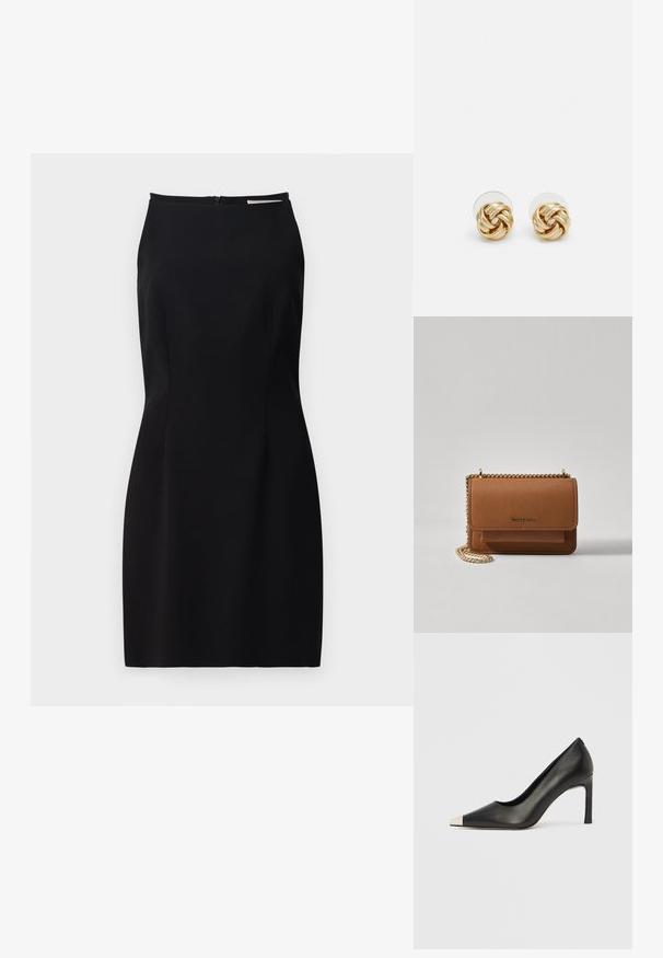 Černé šaty bez rukávů s přiléhavým střihem, hladkým materiálem, zipem na zadní straně a jemným detailem švů.; Černá kožená lodička na vysokém podpatku s špičatou špičkou a stříbrnou kovovou špičkou. Má hladký povrch a štíhlý 10cm podpatek.; Hnědá texturovaná kožená kabelka přes rameno se zlatým řetízkovým popruhem a klopnovým uzavíráním. Přední strana obsahuje detail loga a kapsu pod klopou.; Náušnice ve zlatém tónu ve tvaru uzlu s propleteným designem. Každá náušnice má kulatou průhlednou oporu pro bezpečné nošení.