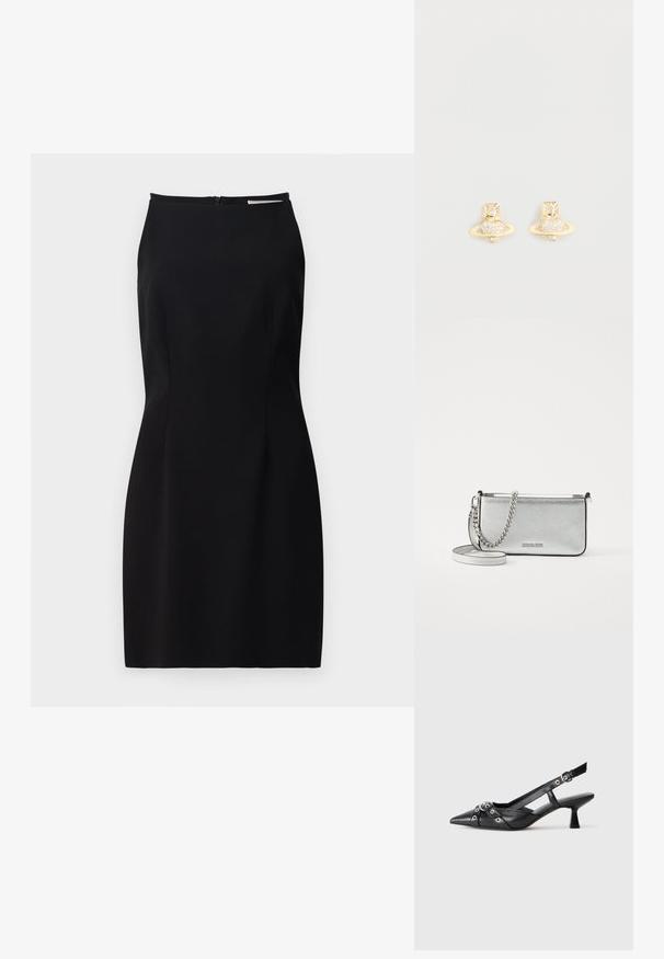 Crna haljina bez rukava s prilagođenim siluetom, glatkim materijalom, zatvaračem na leđima i suptilnim šavnim detaljima.; Crne kožne cipele s remenom oko pete, s izduženim vrhom, dekorativnim trakama s metalnim rupama i niskom blok petom. Teksturirana površina.; Srebrna kožna torba preko tijela s teksturiranom završnom obradom, detaljima od lanca i trake, te zatvaranjem na zip. Ima logo na prednjoj strani.; Naušnice od zlata s čepom koje prikazuju dizajn Saturna, s teksturiranom trakom i ugrađenim okruglim kristalima za dodatni sjaj.