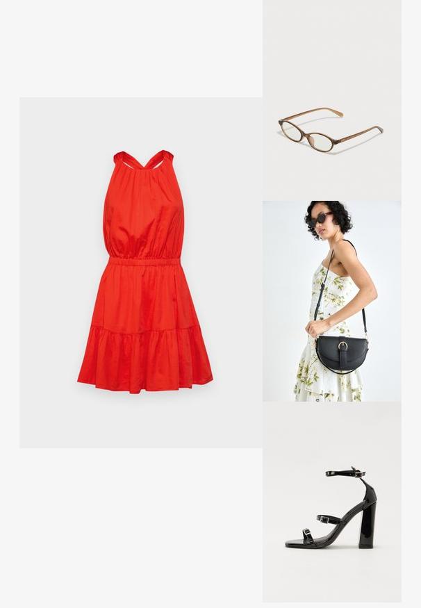 Piros, ujjatlan ruha, kifogástalan szabású felsőrésszel, elasztikus derékkal és réteges, fodros szoknyával. Könnyű anyagból készült, sima felülettel.; Fekete lakk magas sarkú szandál négyzet alakú orral, bokapántokkal és ezüst csatokat tartalmaz. Masszív blokk sarka a stabilitásért felel.; Barna teknős páncélmintás szemüveg, ovális lencsékkel, vékony szárakkal és átlátszó részletekkel. A templomon diszkrét logó található. Elegáns, könnyű dizájn.; Fekete bőrtáska ívelt formával, levehető pánttal és arany színű fémrészekkel. A táskán egy csattal díszített fedél található.