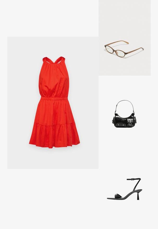 Červené šaty bez rukávov s priliehavým živôtikom, elastickým pásom a volánovou sukňou v pruhoch. Vyrobené z ľahkého materiálu s hladkou textúrou.; Bershka Sandále na vysokom opätku - black; Hnedé želvovinové okuliare s oválnymi sklíčkami, tenkými ramenami a priesvitnými akcentmi. Obsahujú jemný logo na stranici. Štýlový, ľahký dizajn.; Čierna laková kožená kabelka s ohnutým tvarom, jedným ramenným popruhom, prednými vreckami a striebornými kovovými doplnkami.