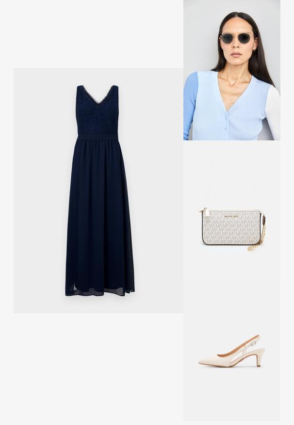 Rochie lungă bleumarin cu decolteu în V, broderie florală pe bust și o overlay transparentă. Dispune de o talie ajustată și o fustă fluidă.; Sandaie cu toc alb, cu vârful ascuțit, material superior neted, toc mic tip bloc și design cu decupaj lateral, cu curea ajustabilă.; Ochelari de soare rotunzi cu lentile întunecate și rame aurii. Modelul poartă un cardigan ribbed de culoare albastru deschis cu nasturi și mâneci albe în contrast.; Clutch Michael Kors din canva acoperit bej, cu un model repetitiv al logo-ului MK, accesorii din aur și o curea cu lanț detașabil.
