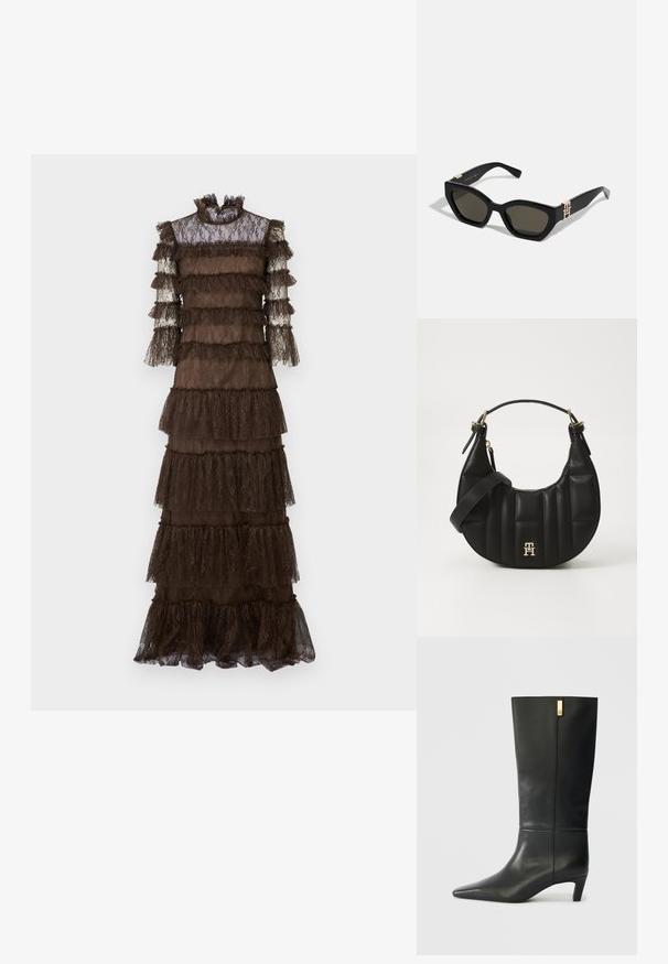 Ruda nėriniuota suknelė su sluoksniuotais raukiniais, aukštu kaklu ir ilgomis rankovėmis su permatomais akcentais. Plickmis dizainas ir tekstūruota medžiaga visame paviršiuje.; Juodas odinis iki kelių botai su smailiu pirštu ir mažais kulnais. Ypatinasi lygiu dizainu su aukso akcentu. Lygus paviršius.; Tommy Hilfiger Akiniai nuo saulės - black; Juodas odinis rankinukas, su išlenkta forma, siuvinėta tekstūra ir auksiniais akcentais. Pasižymi nuimamu peties diržu ir logotipo detale.