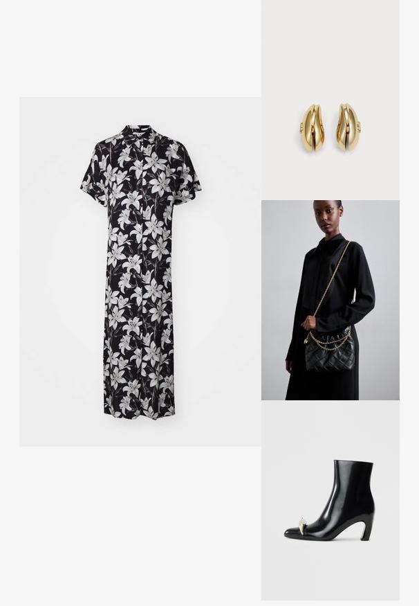 Črna obleka s kratkimi rokavi, okrašena s cvetličnim vzorcem belih lilij. Lahka tkanina, sprednje zapenjanje na gumb in dolžina do kolen.; Črne gležnjarje iz sijajnega usnja, s koničastim nosom in dekorativnim zlatim ter srebrnim detajlom spredaj. Oblika bloka pete.; Črna prešita usnjena torbica z nabranim vrhom, zlatim verižnim naramnikom in pravokotno obliko, držana na enolični podlagi.; Zlato tonirane uhane s površjem, ki se lepo vije. Vsak uhane ima gladko površino in majhno zaponko z dekorativnim detajlom.