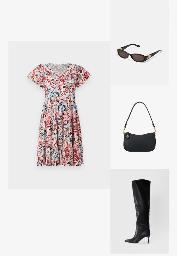 Kratko rukava, haljina s V-izrezom bež pozadine, s šarenim paisley uzorkom u crvenoj, plavoj i crnoj boji, sa naboranim detaljem u struku.; Crne kožne čizme do koljena s oštrim nosom, štiklom i elegantnim dizajnom s naglaskom na logotip na gležnju.; Suncane naočale od kornjačevine s izduženim ovalnim lećama, smešnim nijansama, zlatnim logotipom na drškama i elegantnim crnim krakovima.; Crna kožna torba za rame s zakrivljenim dizajnom, zlatnim hardverom i zatvaranjem na patentni zatvarač. Sadrži uklonjivu naramenicu i suptilne detalje u šivanju.