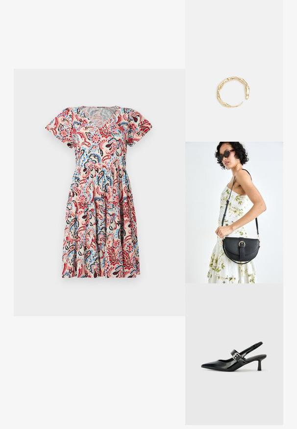 Kratkoročna, obleka z V-izrezom in bež ozadjem, okrašena z živahnim paisley vzorcem v rdeči, modri in črni barvi, z nagrmadenjem na pasu.; Črne patent usnjene slingback pete s koničastim nosom in majhnim blok peto, ki vključujejo srebrno zaponko na traku.; Črna usnjena torbica s ukrivljeno obliko, z odstranljivo naramnico in zlatimi dodatki. Torbica ima pokrov s podrobnostmi v obliki zaponke.; Zlati prstan s organskim, zvitim dizajnom, gladko površino in taperiranimi konci, ki ustvarja modernega, skulpturalnega videza.