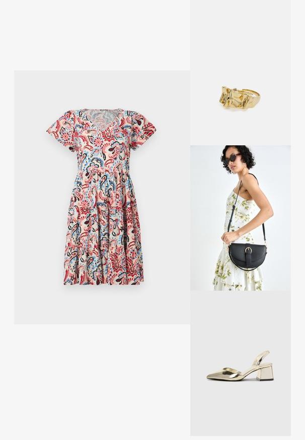 Kurtu piedurkņu kleita ar V-veida kakla izgriezumu, ar beigu fona krāsu, kurā ir krāsains paisley raksts sarkanā, zilā un melnā krāsā, ar savilkta josta detaļu.; Zeltaini, metāla kurpes ar siksniņām, norakans purngalis un masīla papēdis. Gluda tekstūra, minimālisma dizains un šaura siksna.; Melnas ādas rokassoma ar izliekta formu, noņemamu siksnu un zelta aksesuāriem. Somai ir vāciņš ar sprādzes detaļu.; Zelta gredzens ar teksturētu, viļņotu dizainu, kas rotāts ar trim izteiktām virsotnēm. Gluda, spīdīga virsma ar atvērtu joslu, lai to varētu pielāgot.