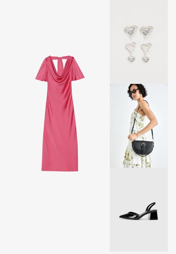 Roza satīna kleita ar drapētu kakla izgriezumu, īsām plīvurojošām piedurknēm un atslēgas cauruma aizmugures dizainu. Gluda tekstūra ar pieguļošu siluetu.; Melna lakota āda ar atvērto papēdi, ar smailu purngalu un ģeometrisku blokpapēdi. Iezīmējas elegants, minimāls dizains un gluda tekstūra.; Melnas ādas rokassoma ar izliekta formu, noņemamu siksnu un zelta aksesuāriem. Somai ir vāciņš ar sprādzes detaļu.; Sudraba sirds formas auskari ir rotāti ar daudzšķautņainiem caurspīdīgiem akmeņiem un ar teksturētu rāmi. Komplektā iekļauti gan pērlīšu, gan pilienu stili.