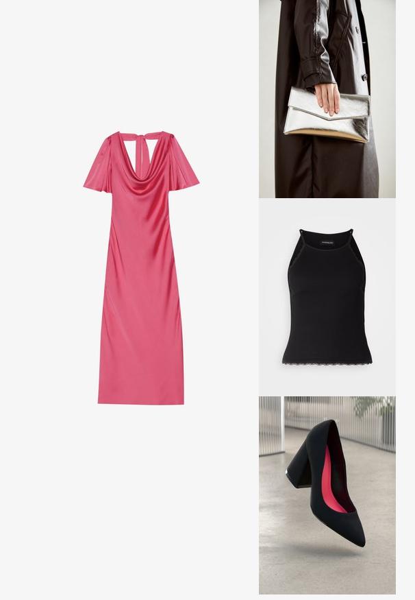 Rochie din satin roz cu un decolteu drapat, mâneci scurte tip fluture și un design cu decupaj la spate. Textură netedă cu o siluetă mulată.; Top de bumbac negru cu nervuri, cu dantelă ondulată la margine. Are bretele subțiri și un design ajustat. Fabricat din material elastic.; Pantof negru cu toc înalt, vârf ascuțit și partea superioară texturată. Interiorul are o captuseală roz aprins. Toc pătrat cu accente metalice la bază.; Plică metalică argintie cu un design unghiular de tip plic, textură netedă și culoare contrastantă la interior, ținută într-o mână care poartă o haină neagră.