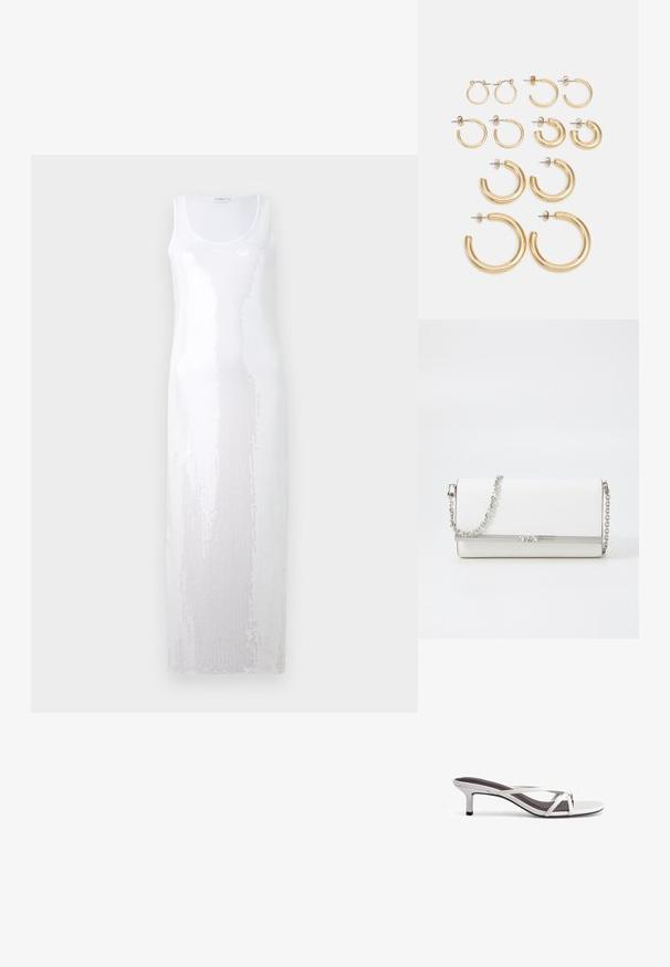 Ilga balta suknelė be rankovių su apvaliu iškirpimu, turinti tekstūrinį raštą su blizgučiais, kurie sukuria džiaugsmingą efektą.; Sidabriniai sandalai su kryžminiu dirželiu, lygiu paviršiumi ir smailiu pirštu. Kulno aukštis yra maždaug du coliai.; MICHAEL Michael Kors MONA - Rankinė per petį - optic white; Aukso didelių ir mažų auskarų rinkinys, pasižymintis įvairiomis dydžio ir dizaino variacijomis, įskaitant mažus, vidutinius ir didelius stilius, su lygiu metaliniu paviršiumi.