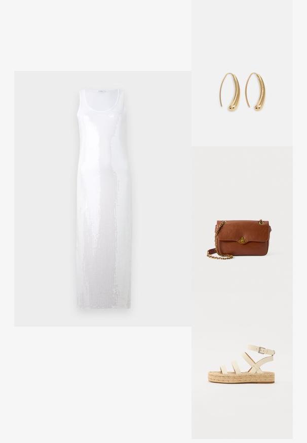 Pitkä valkoinen hihaton mekko, jossa on pyöreä pääntie. Mekossa on teksturoitu kuvio, jossa on paljetteja, jotka luovat kimallusvaikutelman.; Beiget nahkakengät, joissa on ristikkäiset remmit, solkisomiste ja jutteinen korotettu pohja. Mallissa on paksu kudottu rakenne ja tasainen pohja.; Ruskea nahkainen olkalaukku, jossa on läppäkiinnitys, kultaiset yksityiskohdat ja ketjuhihna. Sileä pinta, suorakulmainen muoto, minimaalinen yksityiskohtaisuus.; Korvakorut kultasävytteistä metallista, joissa on kaareva, pitkänomainen muoto. Ominaisuuksiin kuuluu sileä, kiiltävä pinta ja pyöreä kärki lisäyksinä.