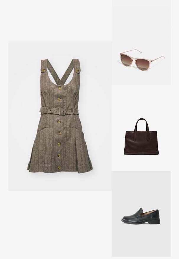 Free People BELONG TOGETHER MINI - Denní šaty - brown combo; Černý kožený mokasín s nízkým podpatkem, který má prošívaný design a styl obouvání bez zpevnění, umístěný na jednobarevném bílém pozadí.; Hnědé sluneční brýle s gradientem, s průhledným růžovým rámem, čtvercovým tvarem a tenkými kovovými nohami. Charakterizovány zaoblenými hranami a minimálním zdobením.; Hnědá kožená taška přes rameno s dvěma dlouhými uchy, strukturální obdélníkový tvar, hladká textura a jemné švy.