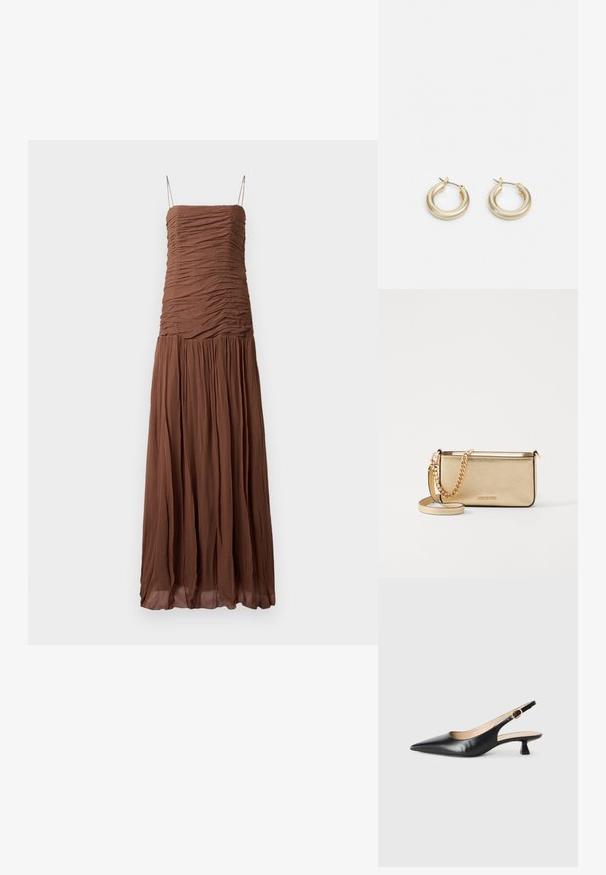 Brun maxikjole lavet af tekstureret stof. Den har en rynket kjoleoverdel og en svævende nederdel, med tynde justerbare stropper og en lige halsudskæring.; Sorte læder slingback kitten heel sko med spids tå og guld spænde på side stropp, på hvid baggrund.; Metallic guldfarvet læder clutch med en tekstureret overflade, der har en guldkæde-rem og en aftagelig skulderrem. Brandlogoet er prægtigt prentet.; Lauren Ralph Lauren BASIC SMALL HOOP - Øreringe - gold-coloured