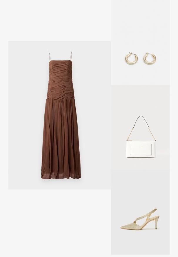 Bruine maxi-jurk van textuurstof. Kenmerkt een geraffineerde romp en een vloeiende rok, met dunne verstelbare bandjes en een rechte halslijn.; Glinsterende gouden slingback pump met een puntige neus, dunne enkelband en een slanke hak. Het oppervlak heeft een gestructureerde metallic afwerking.; Witte leren handtas met een textuurafwerking, voorzien van een gouden schouderhengsel en zwarte accenten. Inclusief een voorvak en ritssluiting.; Lauren Ralph Lauren BASIC SMALL HOOP - Oorbellen - gold-coloured