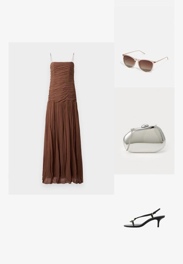 Brun maxikjole lavet af tekstureret stof. Den har en rynket kjoleoverdel og en svævende nederdel, med tynde justerbare stropper og en lige halsudskæring.; Sort læder kitten hæl sandal med tynde stropper, guldspænde og minimalistisk tå løkke på en hvid baggrund.; Brune gradient solbriller med en gennemsigtig pink stel, firkantet form og tynde metalarme. Har afrundede kanter og minimal dekoration.; Sølvmetalclutch med en afrundet, glat form. Har en krog-lukning og en aftagelig kædeseat. Reflekterende overflade uden mønstre.