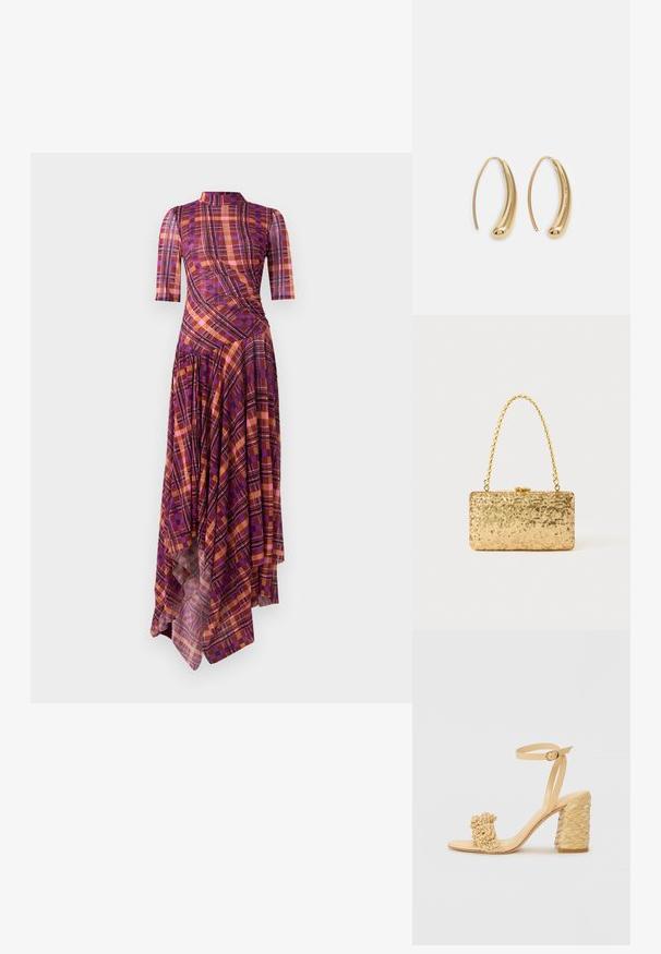 Fioletowa i pomarańczowa sukienka w kratę z krótkimi rękawami, stójką, asymetrycznym u dołu i płynącymi fałdami, z różnorodnymi wzorami geometrycznymi.; Beżowe sandały na wysokim obcasie o plecionym wzorze, z dekoracyjnym kwiatem i paskiem na kostkę. Kwadratowy obcas zwiększa stabilność.; Złota kopertówka z cekinami o prostokątnym kształcie, z zakręconym uchwytem w postaci łańcuszka oraz metalowym zapięciem, odbijająca światło o fakturowanym wykończeniu.; Złote metalowe kolczyki w kształcie obręczy o zakrzywionym, wydłużonym kształcie. Posiadają gładką, błyszczącą powierzchnię oraz zaokrąglony koniec dla dodatkowego efektu.