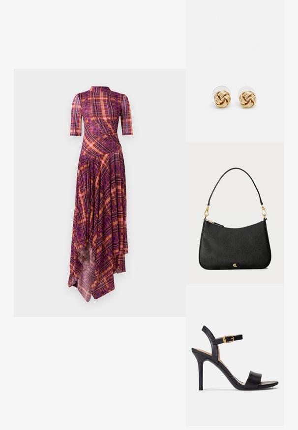 Vestido xadrez roxo e laranja com mangas curtas, gola alta, bainha assimétrica e pregas fluídas com uma mistura de padrões geométricos.; Sandálias de salto alto pretas com um cabedal de couro suave, bico aberto e um design de tira única com um detalhe de fivela dourada.; Bolsa de mão em pele preta com um design estruturado, apresentando um fecho com zíper, uma alça destacável e detalhes em metal dourado.; Brincos de pressão em tom dourado com um design torcido. Cada brinco possui uma base circular transparente para um uso seguro.