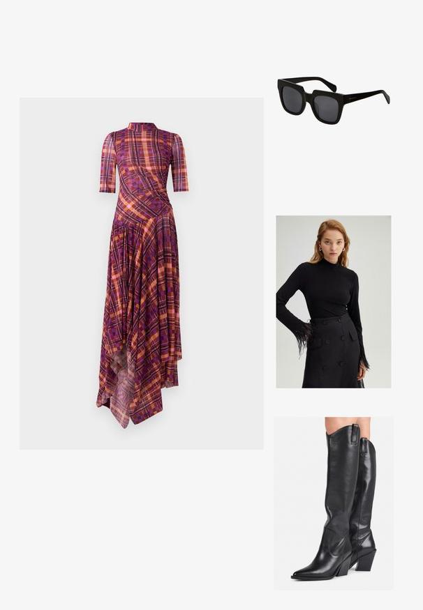 Fialová a oranžová kockovaná šaty s krátkymi rukávmi, falošným golierom, asymetrickým lemom a splývavými záhybmi, ktoré obsahujú mix geometrických vzorov.; Čierny dlhý rukáv s falošným golierom a pierkovými detailami na manžetách, kombinovaný s čiernou sukňou s vysokým pásom a veľkými gombíkmi.; Čierne kožené čižmy po kolená s špicatou špičkou, zakriveným vývodom a robustným podpätkom. Majú hladkú textúru a pútka na vrchu.; Čierne obdĺžnikové slnečné okuliare s hrubými plastovými rámami a tmavými šošovkami. Rúčky sú štíhle s lesklým povrchom a minimálnym brandingom.; Čierna kožená kabelka s prehnutým dizajnom, zlatými kovovými detailmi a horným uchom. Má elegantné zatvorenie a hladký povrch.