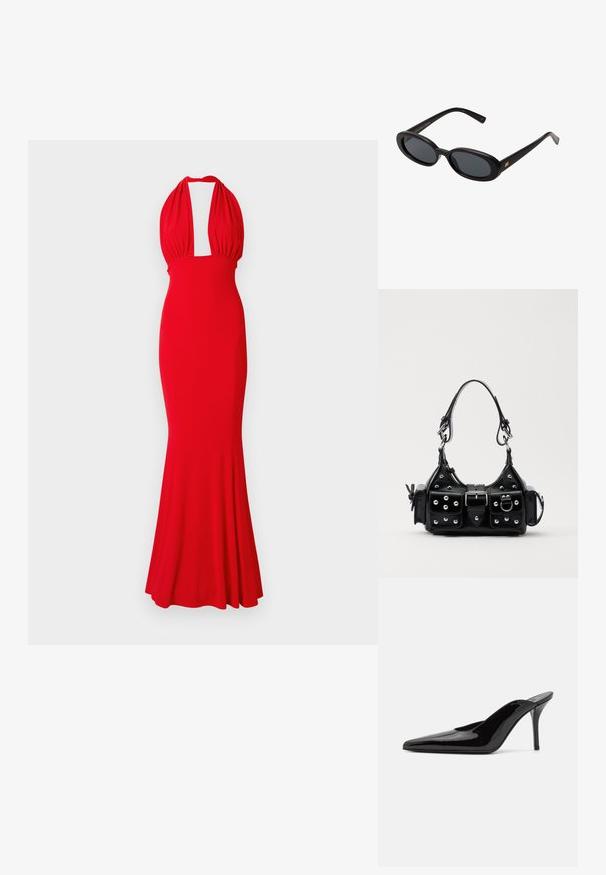 Punainen halterneck-mekko, joka on valmistettu tiukasta kankaasta ja jossa on syvä kaula-aukko ja liehuva helma. Sujuva pinta ilman näkyviä kuvioita tai koristeita.; Mustat patentoidut korkeakorkoiset mulesandaalit, joissa on terävä kärki ja sulavalinjainen siluetti. Kenkäparissa on avonainen takaosa ja hoikka stiletto-korko.; Mustat ylisuuruiset aurinkolasit, jotka ovat soikeat linssit, sileä muovikehys ja kultaiset korostukset temppeleissä. Tummat linssit tarjoavat suojaa auringolta.; Musta nahkainen käsilaukku, jossa on kaareva muotoilu, hopeiset niitit, solki ja kaksi sivutaskua. Säädettävä olkahihna erilaisiin kantovaihtoehtoihin.