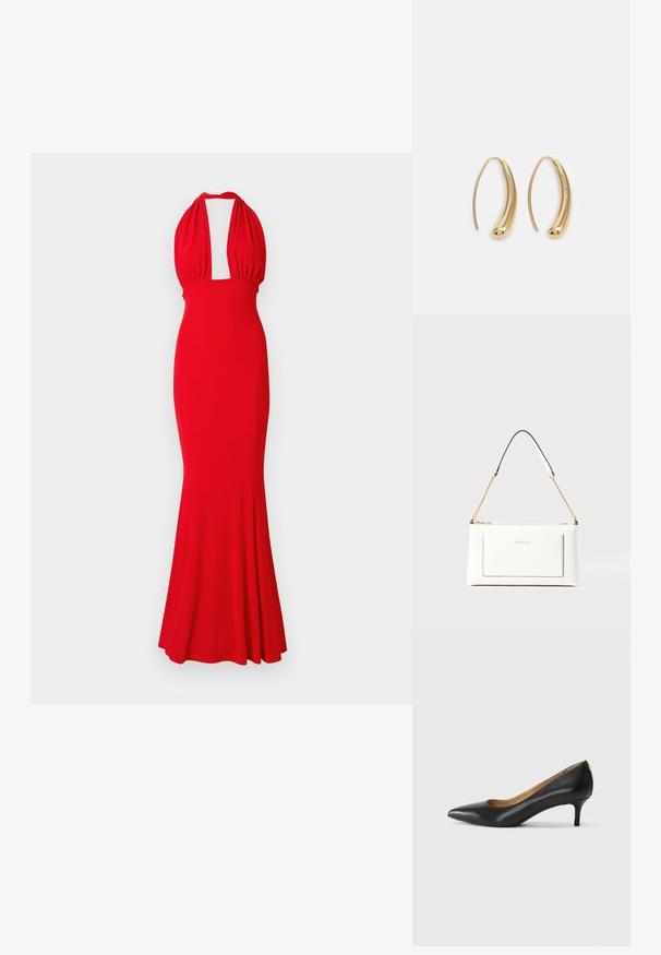 Red halter dress made of fitted fabric, featuring a plunging neckline and a flared hem. Smooth texture with no visible patterns or embellishments.; Black leather pump with a pointed toe, low heel, and a smooth texture. Features a slight opening at the front and minimal hardware at the back.; White leather handbag with a textured finish, featuring a gold chain strap and black accents. Includes a front pocket and zipper closure.; Gold-tone metal hoop earrings with a curved, elongated shape. Features a smooth, shiny surface and a rounded tip for added detail.
